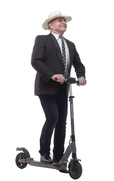 Cheerful business man on an electric scooter giving a thumbs up — Stock Photo, Image