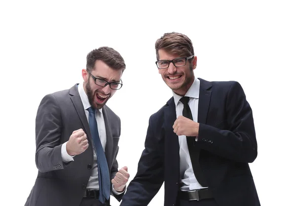In full growth. two happy dancing young businessmen — Stock Photo, Image