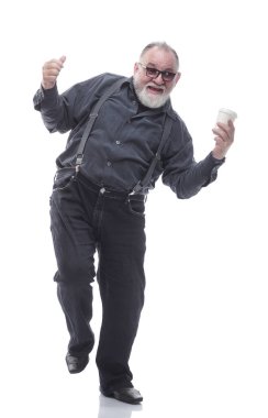 Uzunluk. Kahveli neşeli dansçı adam