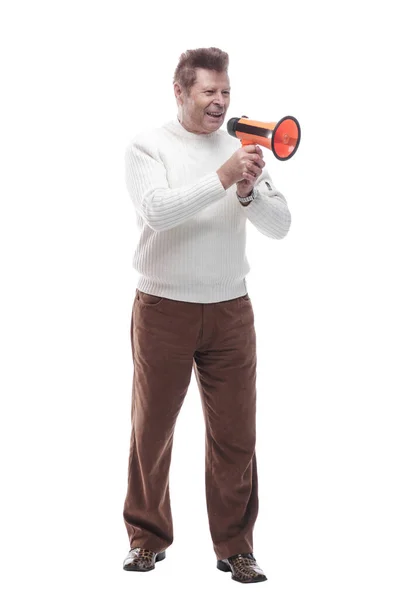 Smiling handsome man with a megaphone. isolated on a white — Stock Photo, Image
