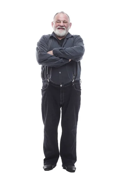 Un hombre guapo y barbudo en pantalones con tirantes. aislado en un blanco — Foto de Stock