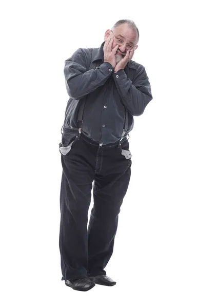 Frustrerad äldre man med tomma fickor. isolerad på en vit — Stockfoto