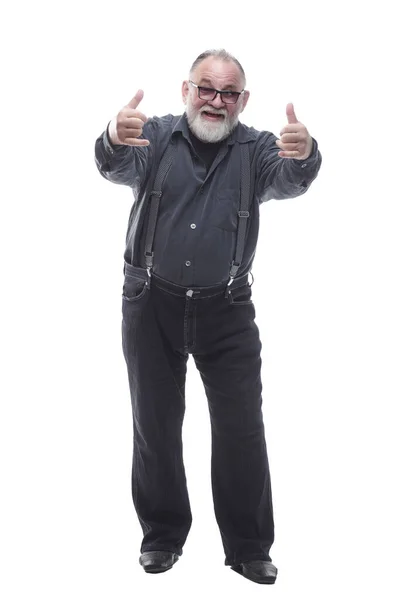 En pleine croissance. homme souriant avec des lunettes donnant un pouce vers le haut — Photo