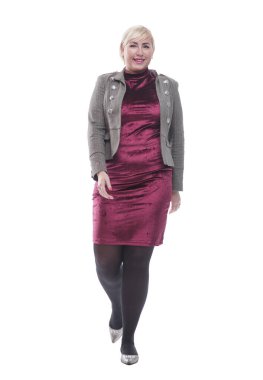 Güzel, kendine güvenen bir kadın öne çıkıyor. bir beyaz üzerinde izole