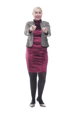 Çekici genç bir kadın seni işaret ediyor. bir beyaz üzerinde izole