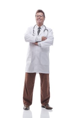 Uzunluk. Kameraya bakan steteskoplu gülümseyen bir doktor.