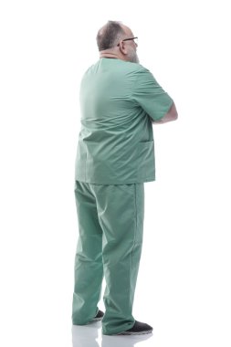 Yan görünüş. Kopyalama alanına bakan olgun bir doktor.