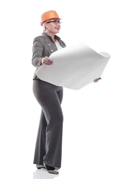 Una arquitecta sonriente con dibujos. aislado en un blanco — Foto de Stock