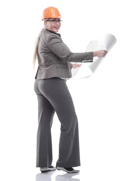 Mujer arquitecta leyendo un nuevo dibujo. aislado en un blanco —  Fotos de Stock