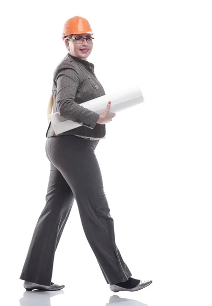 Жіночий архітектор з рулоном малюнків, що тягне до вас — стокове фото