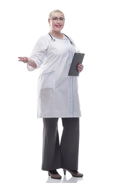 Female doctor with clipboard looking at camera — Stock Photo, Image