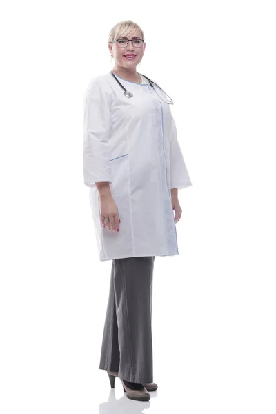 Friendly female doctor showing thumbs up . isolated on a white — Stock Photo, Image