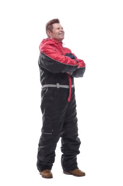 Kışın yalıtılmış tulumlu mutlu bir adam. bir beyaz üzerinde izole