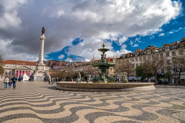 Lisboa Portugal Abril 2018 Hermosa Vista Sobre Fuente Plaza Rossio — Foto de Stock