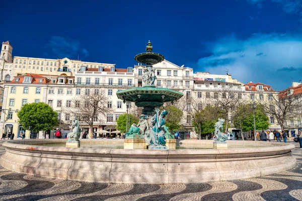 Lisboa Portugal Abril 2018 Hermosa Vista Sobre Fuente Plaza Rossio — Foto de Stock