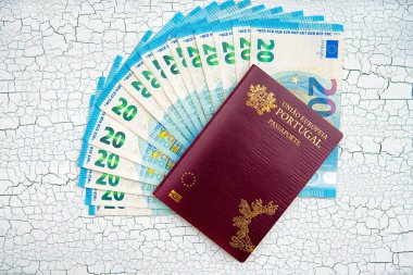 biyometrik pasaport Euro para birimine sahip. kırık arka plan