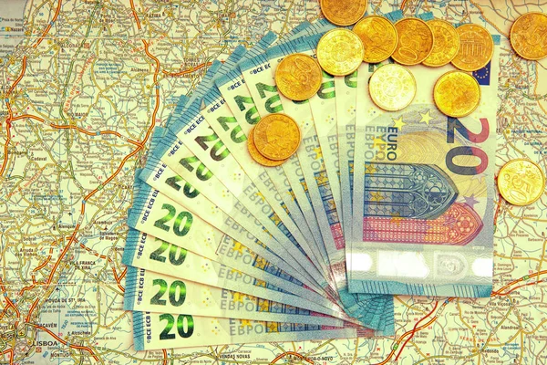 Moneda Euro Con Mapa Para Fondo — Foto de Stock