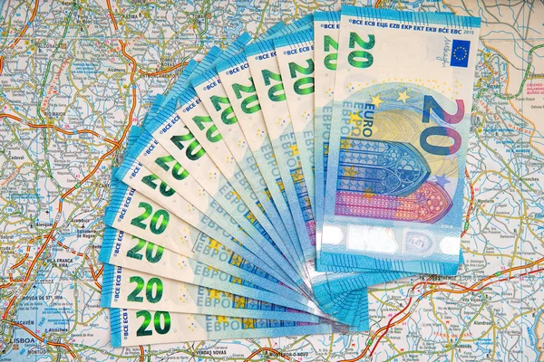 Moneda Euro Con Mapa Para Fondo — Foto de Stock