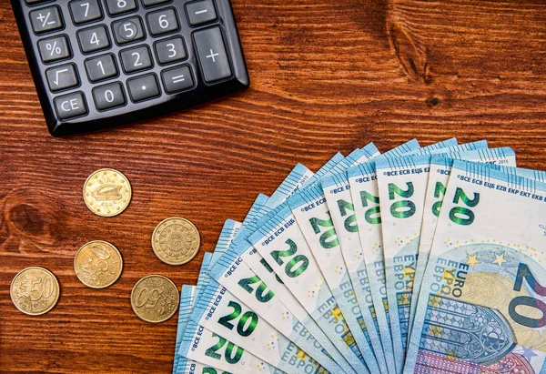 Geld Taschenrechner Auf Holztisch Finanzielles Hintergrundkonzept — Stockfoto