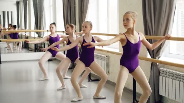 Las chicas pequeñas que empiezan a bailar ballet en leotardos están haciendo ejercicios sosteniendo una barra de ballet practicando diferentes posiciones. Clase de baile, gente y concepto interior . — Vídeos de Stock