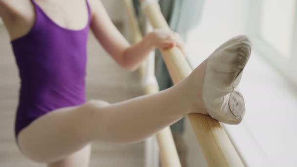 在个别班级期间, 芭蕾舞演员在芭蕾酒吧练习伸展腿部动作的镜头。灵活优雅的女孩穿着尖角鞋和紧身衣裤. — 图库视频影像