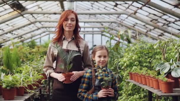 Porträt zweier Menschen attraktive Mutter und niedliche Tochter Gärtner in Schürzen stehen im Gewächshaus und halten Pflanzen. Streuobstwiese, Menschen und Familienkonzept. — Stockvideo