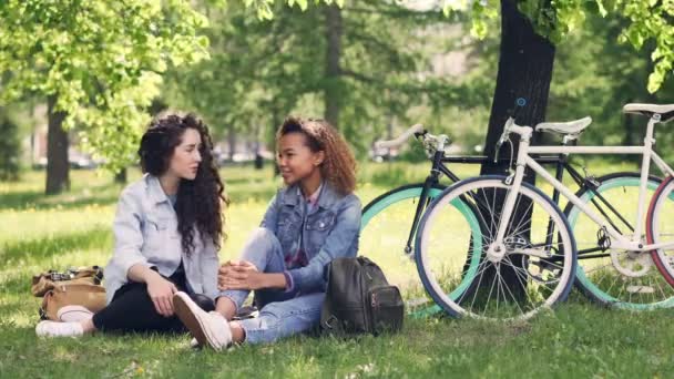 Glada unga kvinnor kaukasiska och African American chattar i parken medan de vilar efter ridning cyklar i vacker grön park. Flickor är slarvig och glada. — Stockvideo