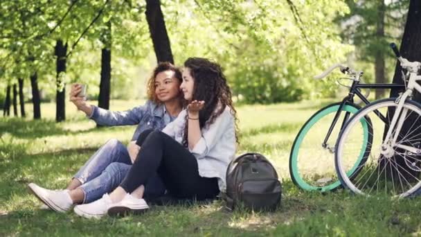 Fiatal nő és az afrikai-amerikai barátja szed selfie, pózol, és birtoklás móka ül a gyep a parkban. Meleg napsütéses napon, a gyönyörű természet és a modern életmód fogalma. — Stock videók