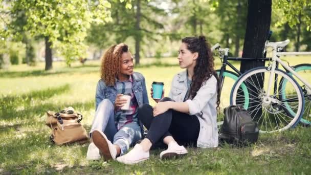 Giovane donna allegra sta parlando con il suo amico afroamericano e bere caffè da asporto nel parco su un bel prato verde. Le ragazze sono in chat e godendo di bere . — Video Stock