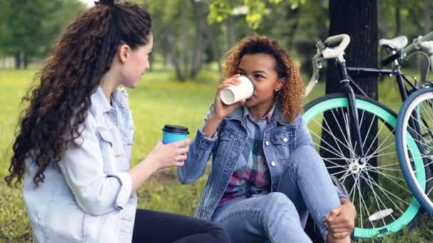 Turister vänner dricker kaffe och skrattar sitter på gräset i stadsparken med cyklar nära träd. Unga attraktiva kvinnor njuter av samtal och drycker. — Stockvideo