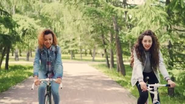 Dos jóvenes felices están en bicicleta en el parque y hablando disfrutando de la hermosa naturaleza y el cálido día soleado. Estilo de vida activo, sociedad multiétnica y concepto de amistad . — Vídeo de stock