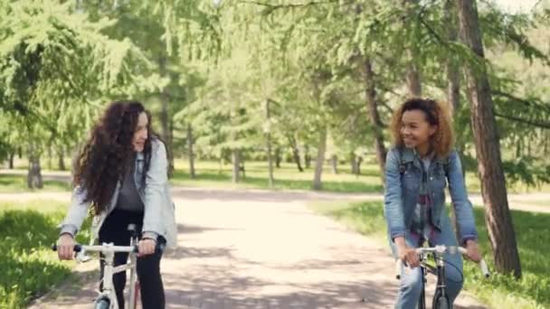 Dolly toma de mujeres jóvenes felices estudiantes alegres montando bicicletas en el parque de la ciudad, hablando y riendo disfrutando de los fines de semana. Estilo de vida activo y hermoso concepto de naturaleza . — Vídeo de stock