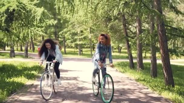 Afro-Amerikan kız beyaz arkadaşıyla beraber şehir parkı içinde bisiklete biniyor, Genç kadınlar konuşmaya ve birlikte gülüyor. Güzel doğa, güneşli bahar günü. — Stok video