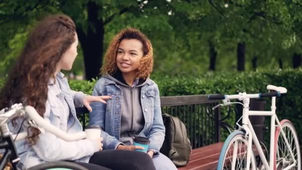 Young women tourists are having conversation sitting on bench in park and holding takeaway coffee with bikes standing nearby. Tourism, people and communication concept. — Stock Video