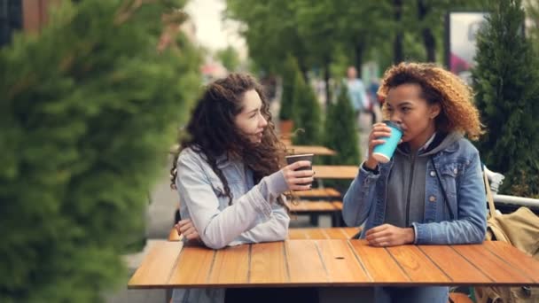 Attractive Caucasian and African American girls friends are drinking coffee and chatting sitting in outdoor cafe in city park with beautiful trees around. — Stock Video