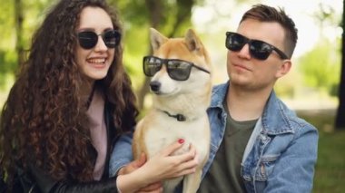Gurur sahiplerinin güneş gözlüğü çok güzel shiba Inu köpeklerine, gülüyor ve şehir parkı yaz aylarında rahatlatıcı sohbet yazarak vardır. İnsanlar, hayvanlar, Doğa ve eğlence kavramı.