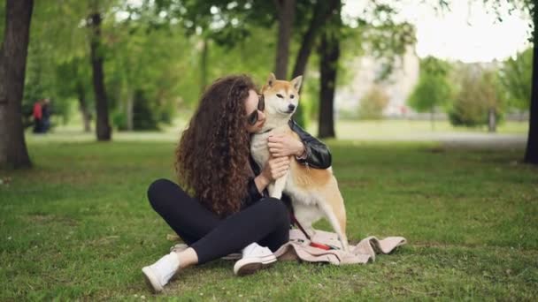 Menina feliz orgulhoso dono do cão está acariciando e beijando seu animal de estimação sentado na grama no parque, enquanto o animal está desfrutando de amor e cuidado. Árvores verdes e gramados são visíveis . — Vídeo de Stock