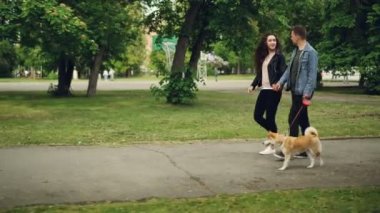 Genç çift erkek ve kadın köpek spor ground yakınındaki parkta yürüyüş, insanlar el ele tutuşarak, adam hayvan götürüyor. Kentsel yaşam ve Evcil hayvan kavramı.