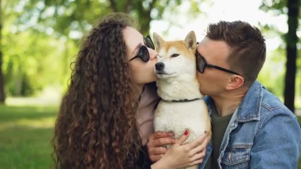Slow motion of cheerful people kissing and caressing lovable dog touching  its fur while animal is enjoying love and care. Young family is spending  free time in park. — Stock Video ©