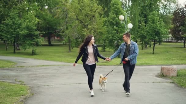 Slow motion van gelukkige jonge mensen lopen in het park met de blij hond genieten van natuur met mooie zomerse stad landschap op achtergrond. — Stockvideo