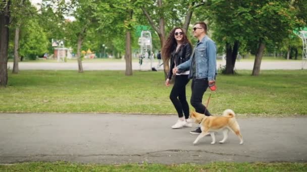 Slow Motion Sidovy Attraktiv Ung Man Hundägare Promenader Hans Husdjur — Stockvideo