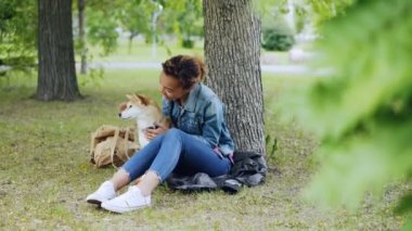 Neşeli karışık yarış kız güzel shiba Inu köpekle sarılma ve ağacın altında park ederken sevgi ve bakım evde beslenen hayvan keyif alıyor dinlenme hayvan sevecen.