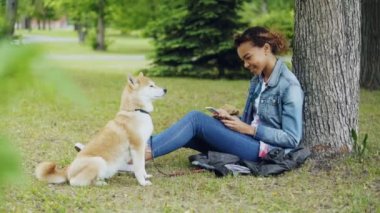 Park ağaç altında onu sevimli shiba Inu köpek onu sahip oturuyor iken rahatlatıcı ve doğanın keyfini akıllı telefon kullanan oldukça karışık yarış kız yan görünüm.