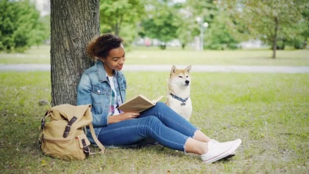 Jovem afro-americana senhora está lendo livro sentado no gramado no parque e acariciando seu cão de estimação de raça pura com amor e ternura. Desfrutando de fim de semana com animais conceito . — Vídeo de Stock