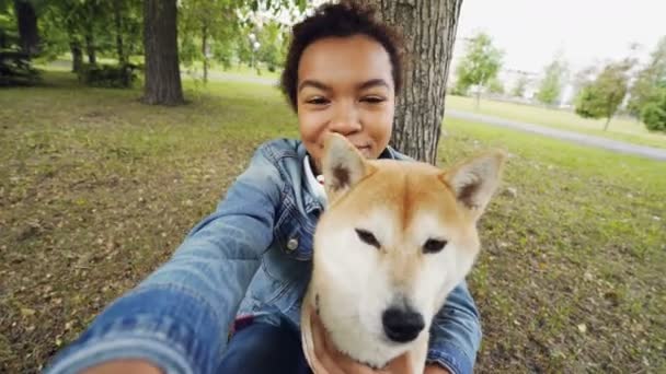 Punto de vista de la foto de una chica afroamericana bastante tomando selfie con un lindo cachorro en el parque de la ciudad sosteniendo la cámara, sonriendo y posando. Tecnología moderna y concepto de animales . — Vídeos de Stock