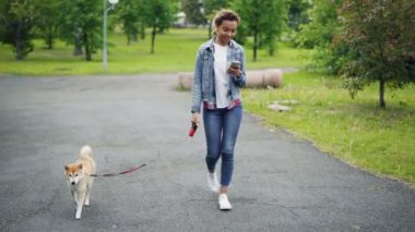 Oldukça Afro-Amerikan kız denim ceket ve kot pantolon onun köpek şehir parkında yürüyüş ve çimenler ve ağaçlar görünür ile yol boyunca gidiş smartphone kullanarak.