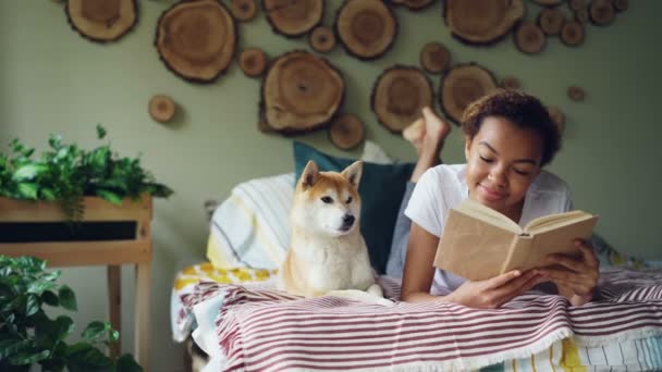 Cheerful mixed race teenage girl is reading book enjoying literature then stroking her shiba inu dog lying on bed near her. Hobby, modern lifestyle and animals concept. — Stock Video