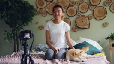 Şirin Afrikalı-Amerikalı genç blogger yatağa oturmuş, Sevimli evcil köpek okşayarak ve aboneleri için konuşmak videoblog kaydediyor. Sosyal medya ve insan kavramı.