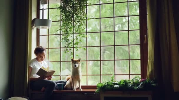 Mooie jonge vrouw is het lezen van boek zittend op een vensterbank en op zoek naar buiten samen met schattige rashond. Mooie groene planten, modern interieur en gordijnen zijn zichtbaar. — Stockvideo