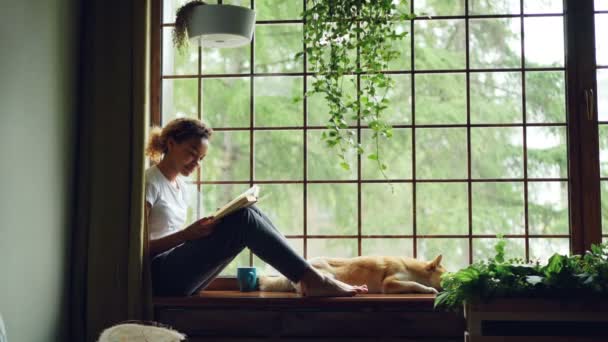 Chica atractiva en ropa casual está leyendo libro sentado en alféizar de la ventana descalzo cerca de perro mascota adorable acostado cerca de su dueño. Concepto de hogar, hobby y animales . — Vídeo de stock